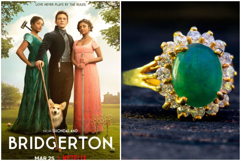File photo of ring and Bridgerton poster.