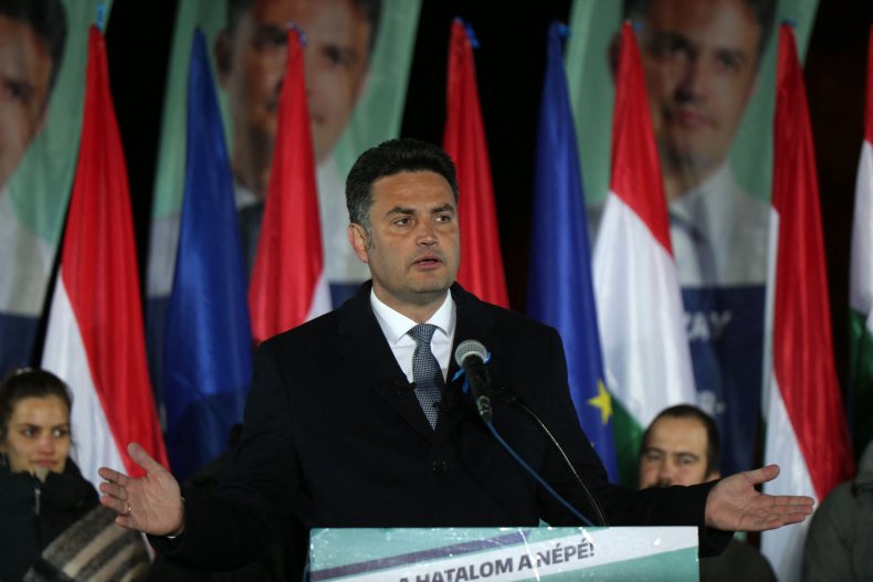 Peter Marki-Zay on stage in Budapest election
