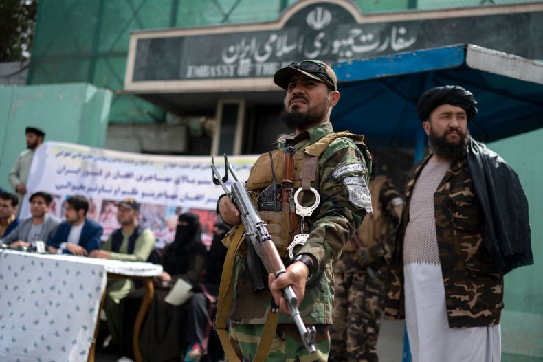 Taliban, guard, Iran, embassy, protest, Afghanistan