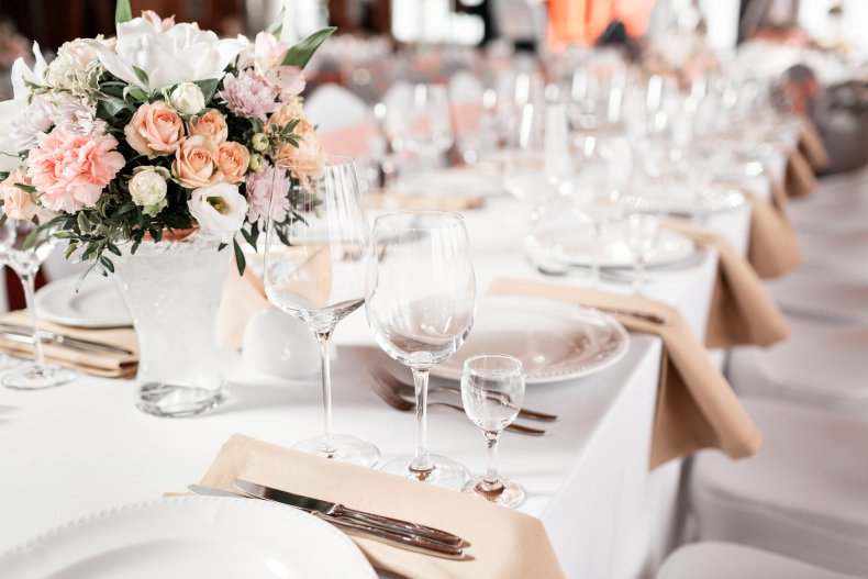 Tables set for a wedding reception.