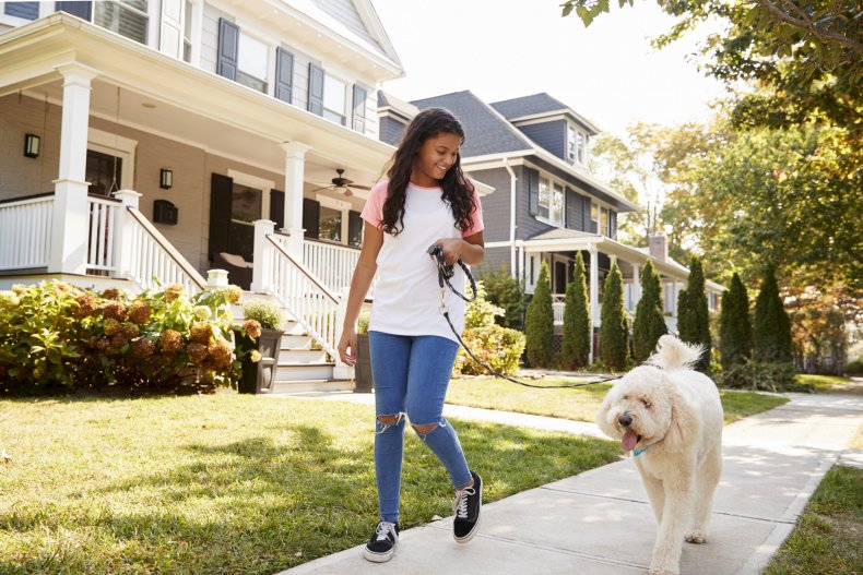 A woman walking a dog outside.