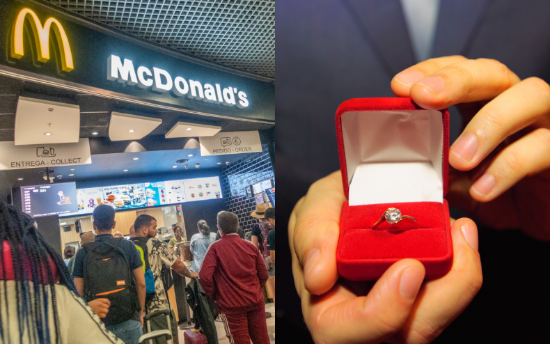 A McDonald's restaurant and an engagement ring.