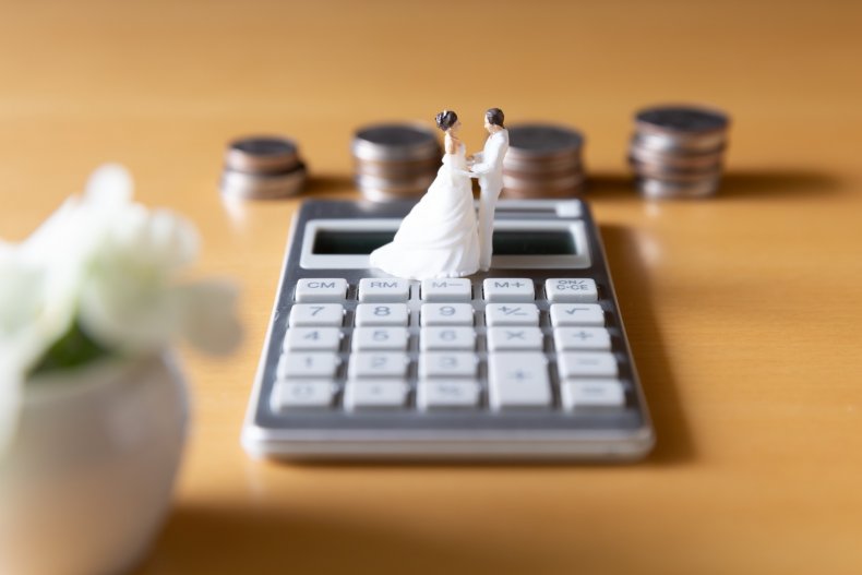 bride and groom cake topper on calculator