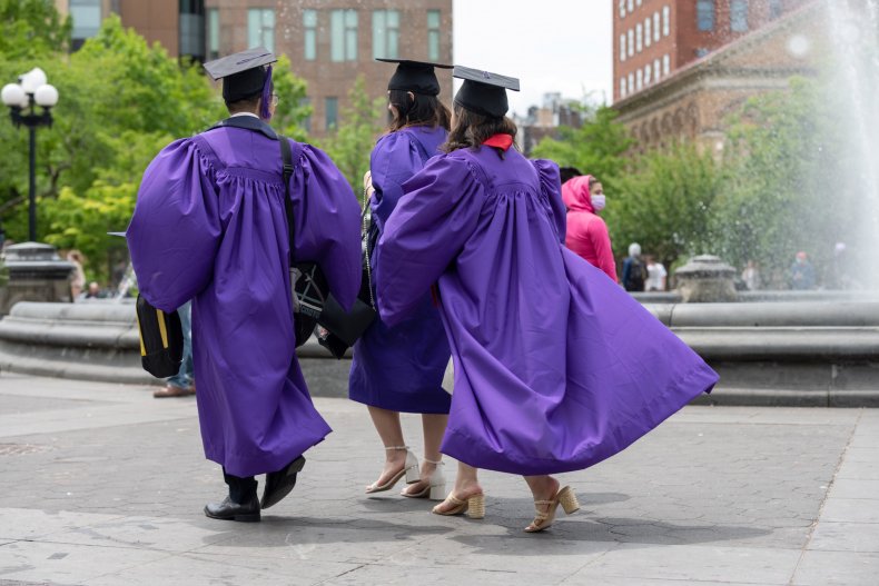 NYU students wearing graduation caps and gowns