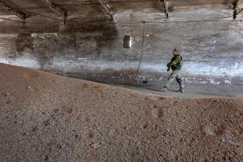 A Ukrainian army officer inspects grain