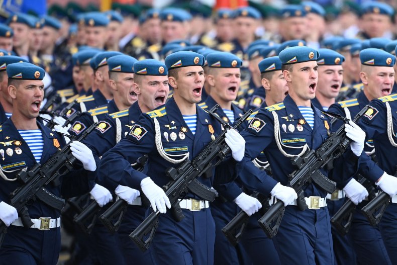 Russian servicemen march on Red Square 