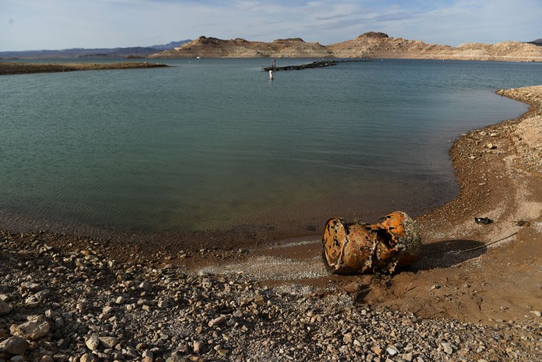 Metal barrel sits at Lake Mead Marina 