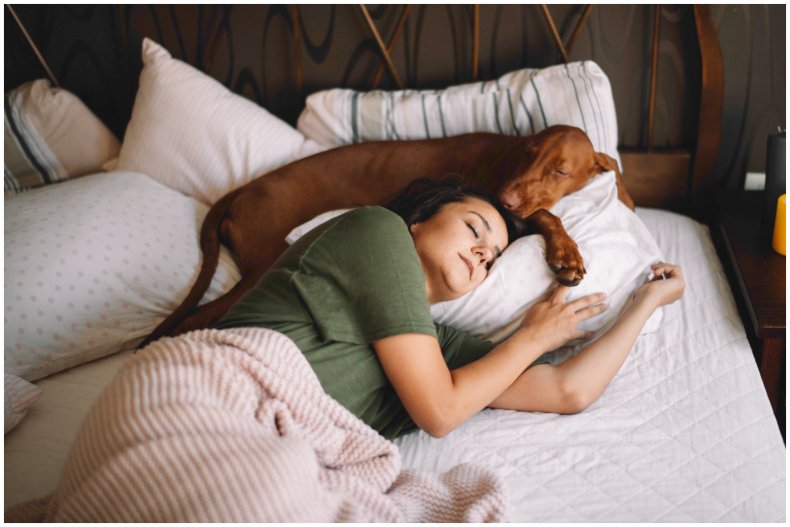 Stock image of woman sleeping with dog