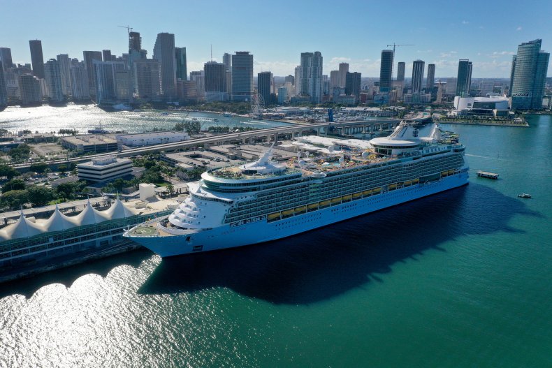 A cruise ship waits for people