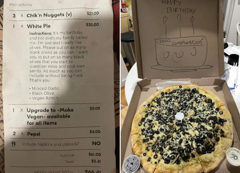 Custom olive pizza order with receipt