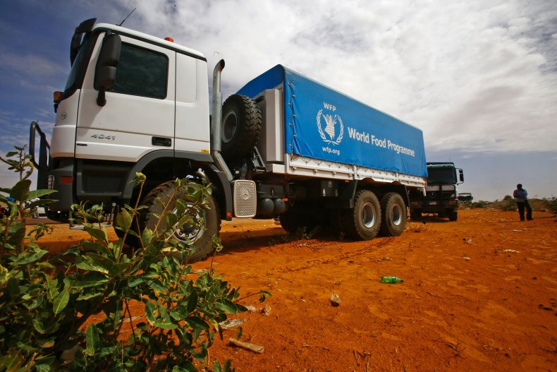 A convoy of trucks carrying humanitarian assistance 