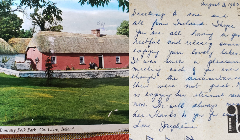 Woman receives postcard from 1960