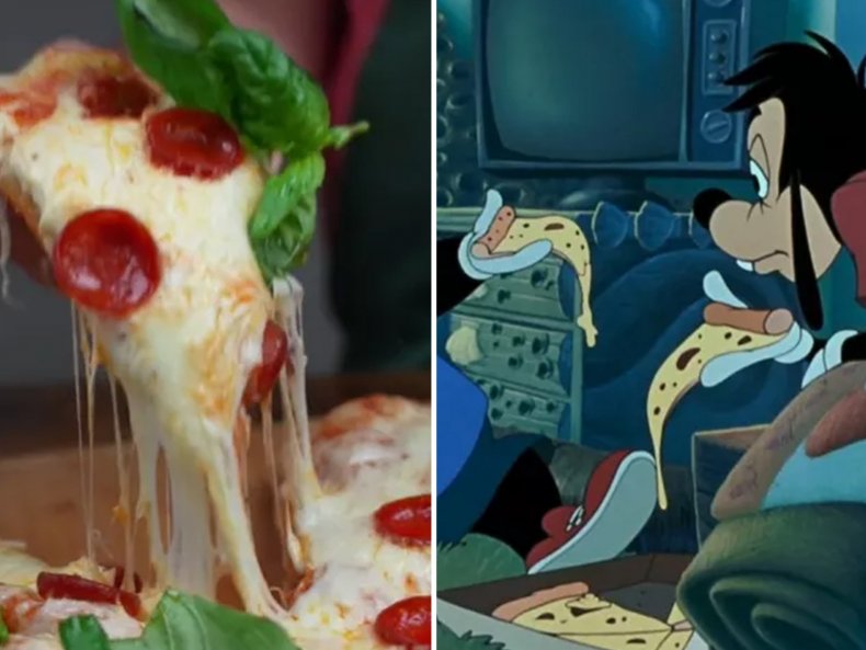A real-life pizza and an animated one.