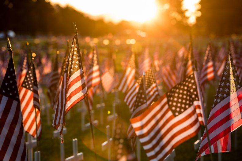 A field of American flags set up