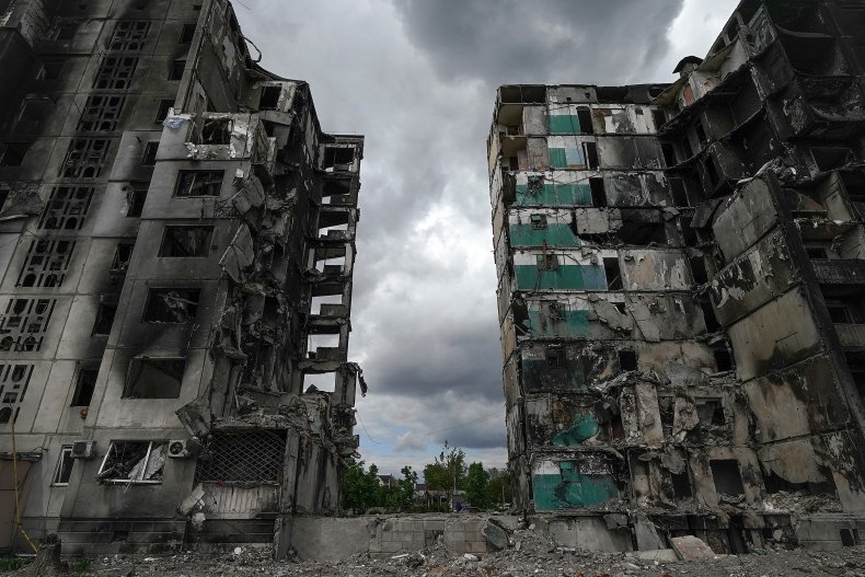 Bombed buildings are seen in Ukraine