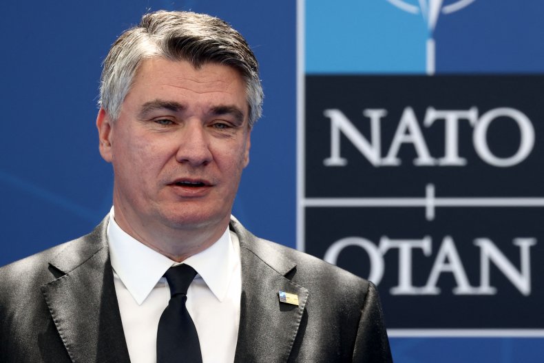 Croatian President Zoran Milanovic speaking to NATO