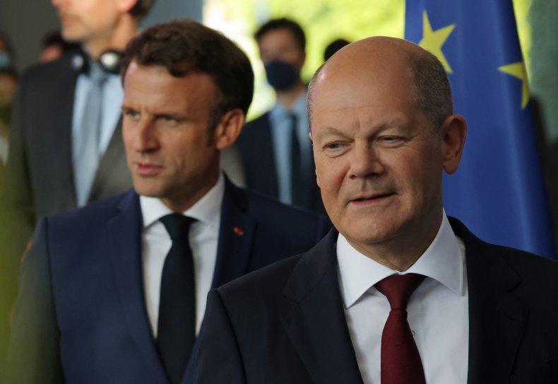 Macron and Scholz at a press conference in Berlin