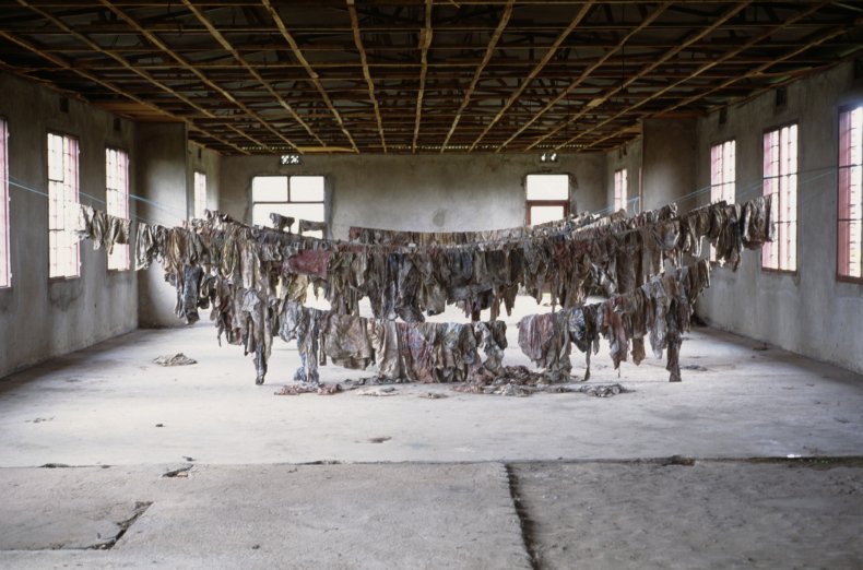 Victims' clothing displayed at Murambi Genocide Memorial