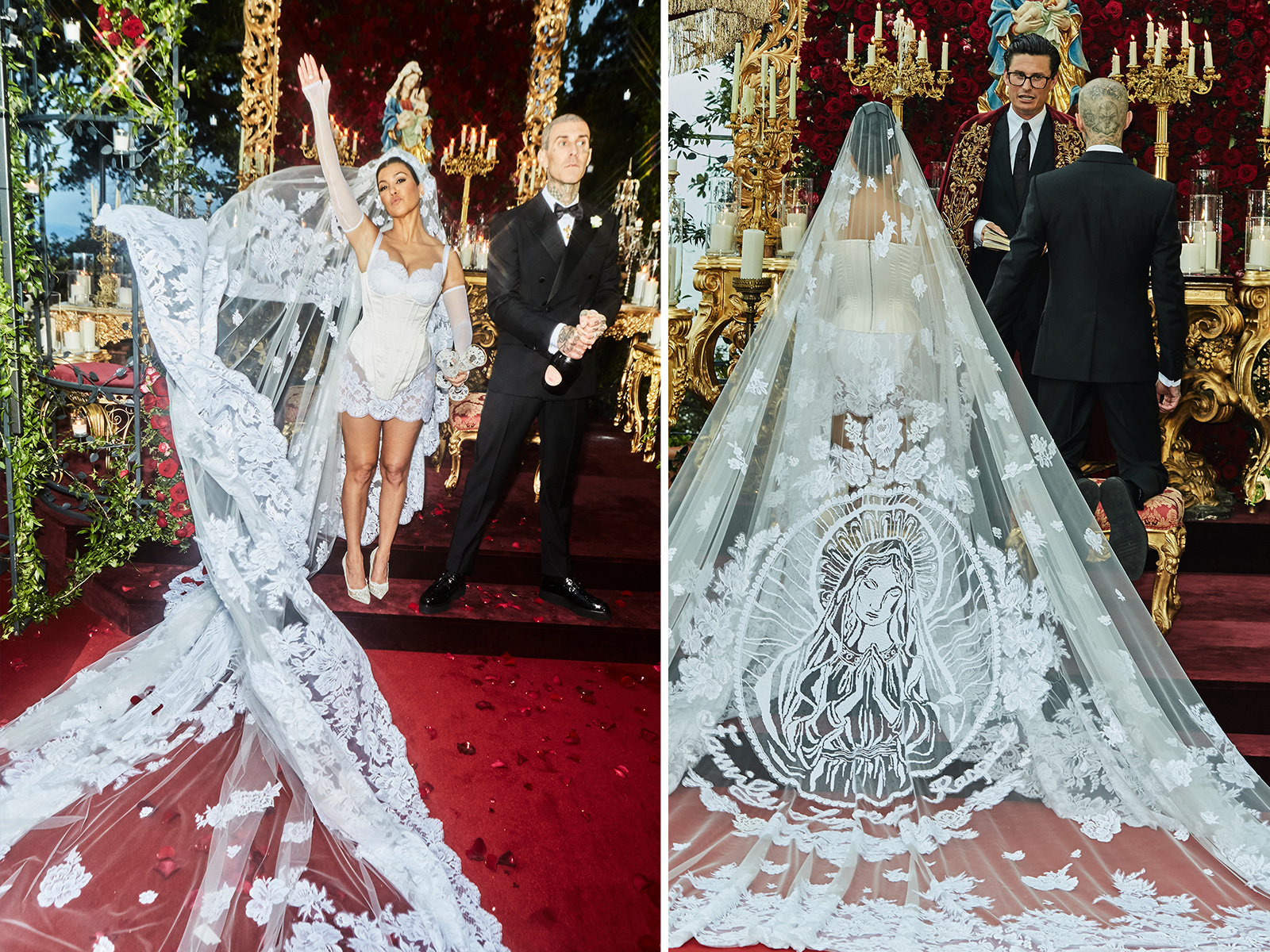 Dramatic veil paying tribute to groom Travis Barker's 'Virgin Mary' head  tattoo to gothic corset dress: STUNNING details from Kourtney Kardashian's  intimate wedding look!