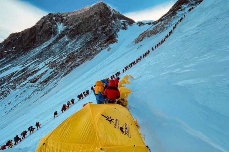 Line of climbers on Mount Everest