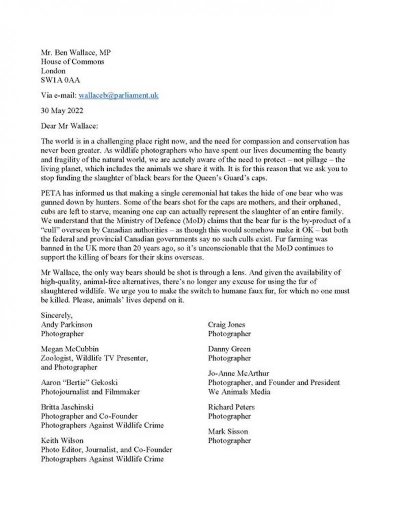 PETA letter to Ben Wallace