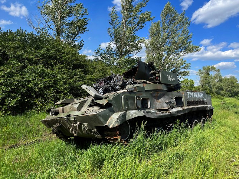 A destroyed Russian tank in Ukraine 