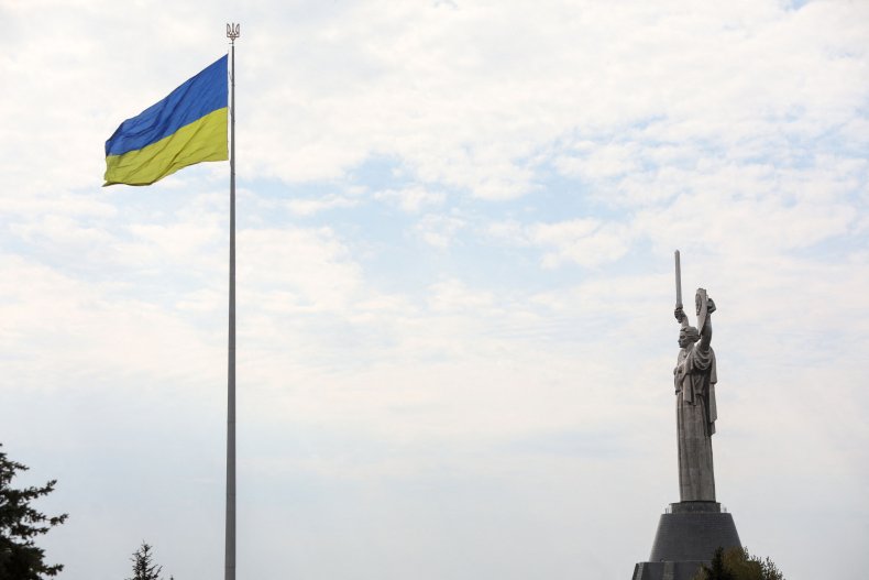 A Ukrainian flag waves 