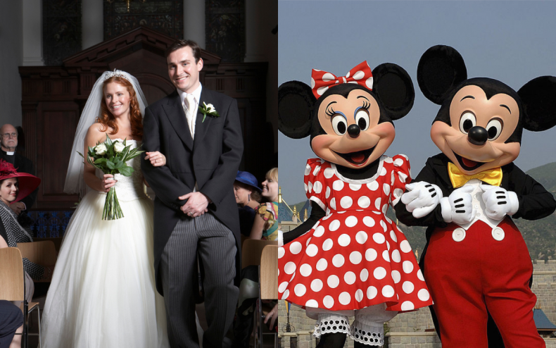 A bride and groom with Mickey Mouse.