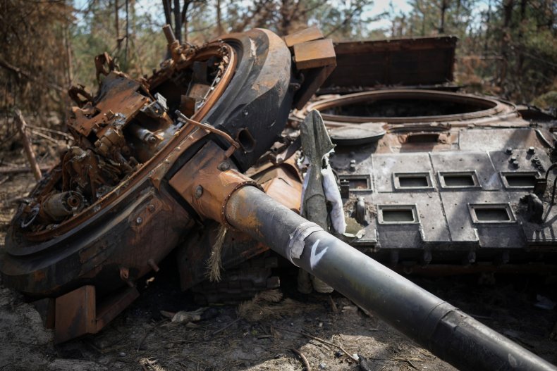 A destroyed Russian tank begins to rust 