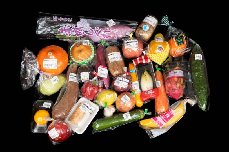 Plastic-wrapped fruit and vegetables