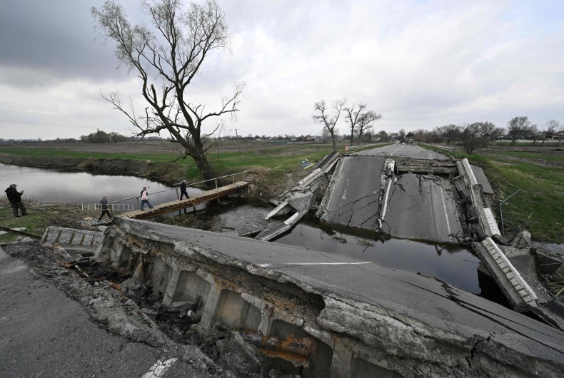 Destroyed bridge in Rusaniv, Ukraine