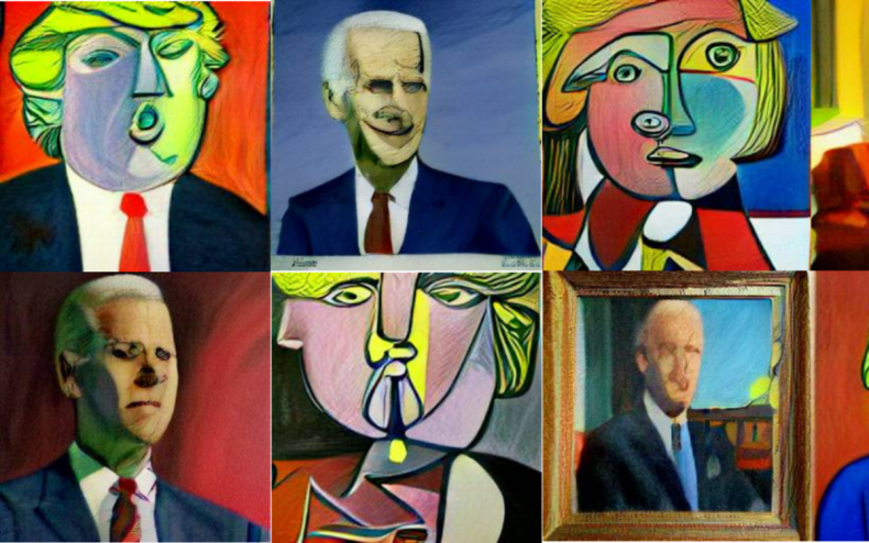 Donald Trump and Joe Biden AI portraits.