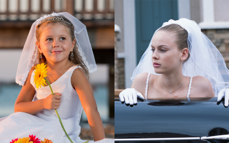 A young girl and a wedding bride.