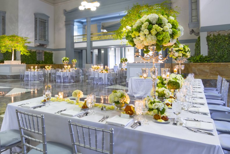 Wedding venue with decorated dinner tables