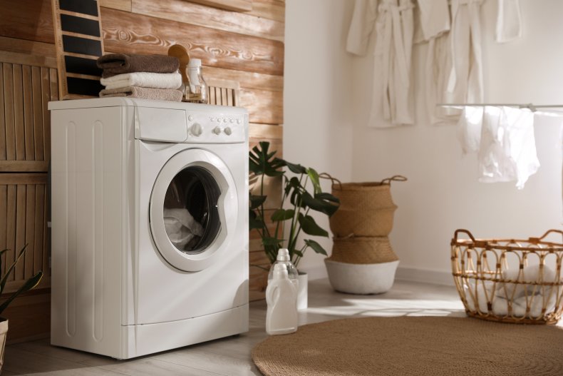 Washing machine in a laundry room.