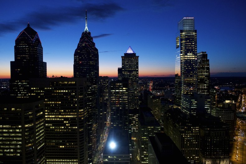 Philadelphia skyline at sunset from City Hall