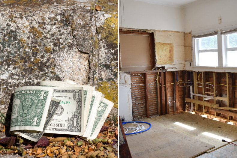 Money on sidewalk and renovation work