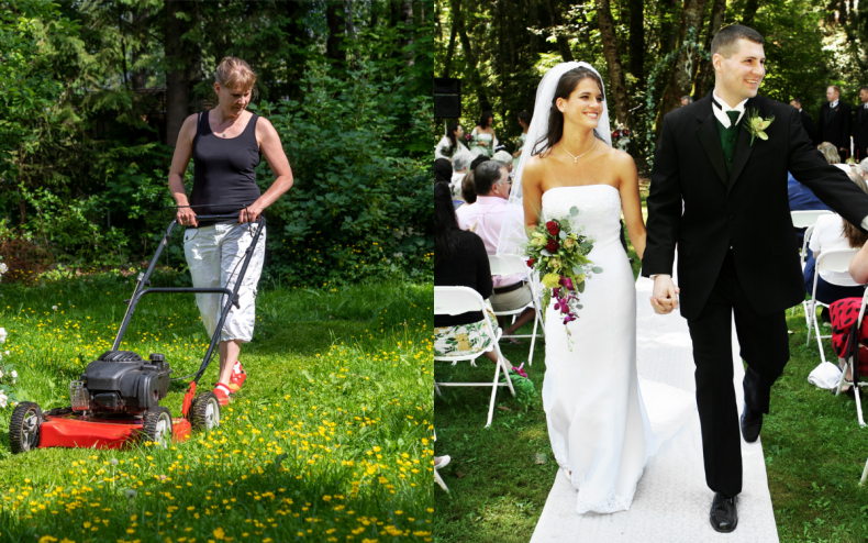 A woman mowing, a bride and groom.