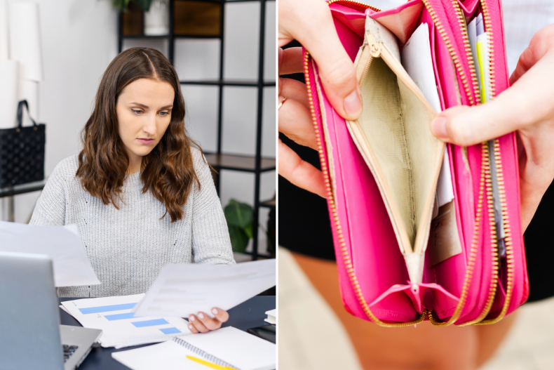 Woman working and empty wallet split