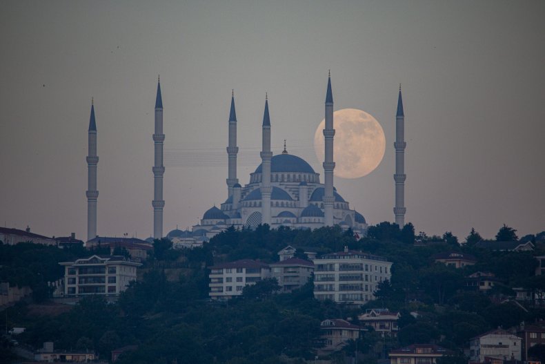 A super moon behind the Hagia Sophia mosque