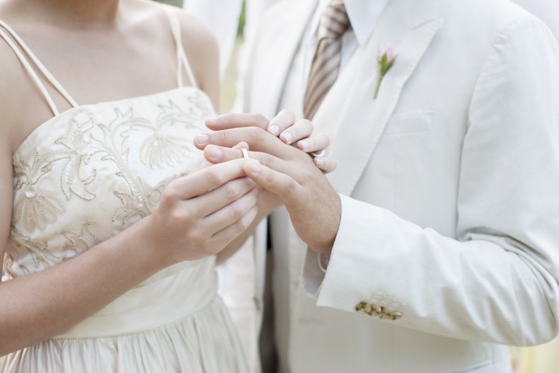 Bride putting ring on groom