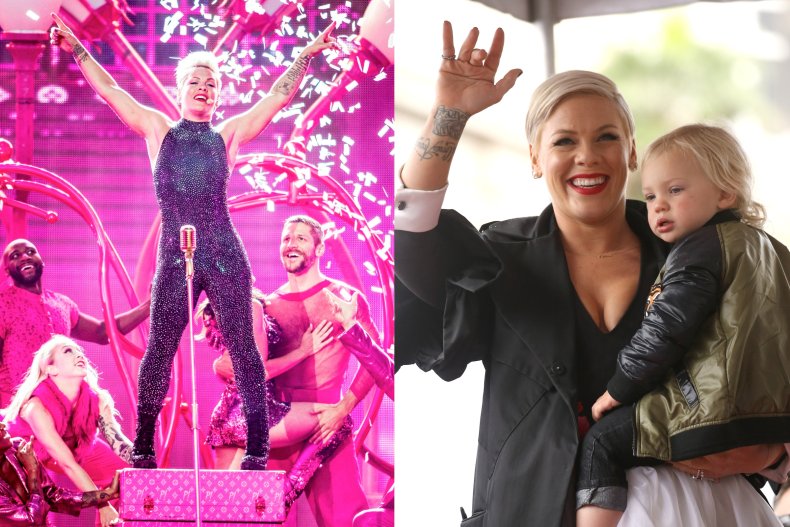 Pink performing and with child