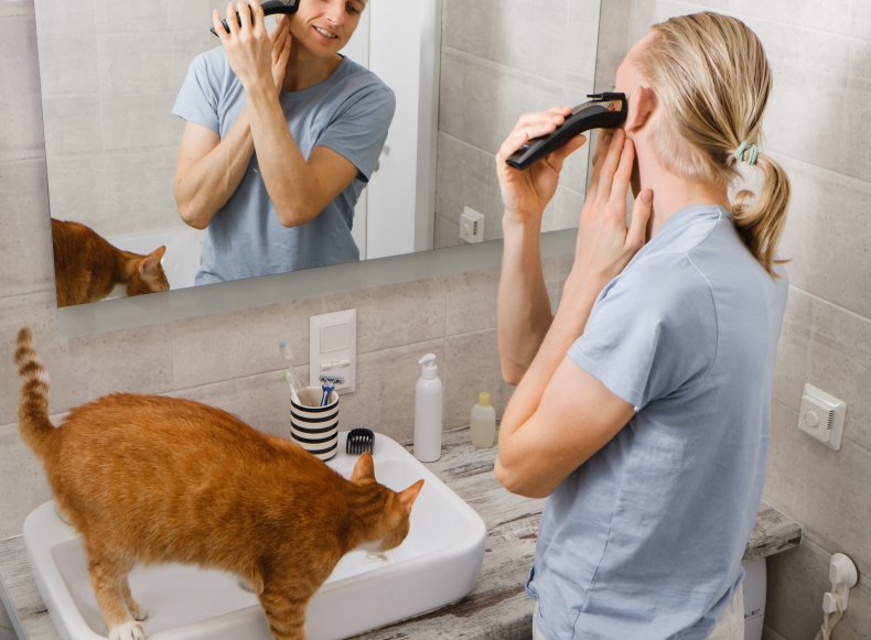 Man shaving with cat