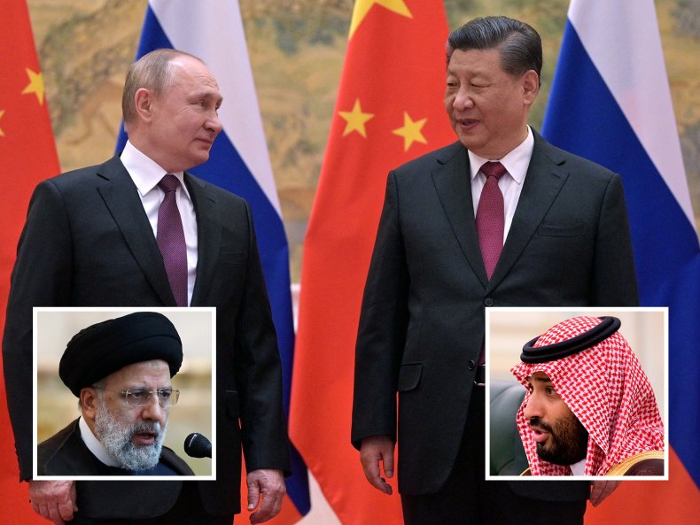 Putin, and, Xi, meet, insert, Raisi, MbS