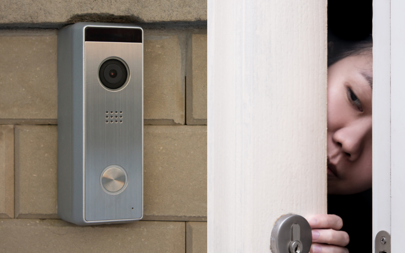 A doorbell and a woman looking out.