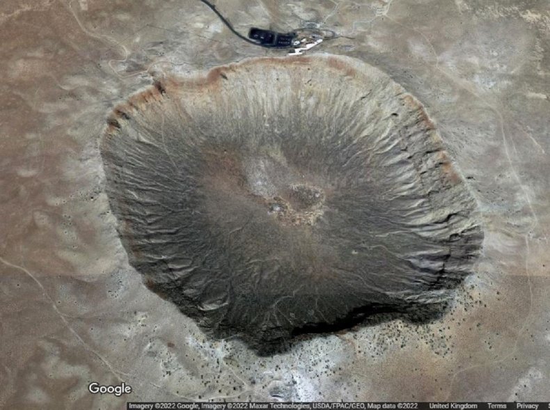 Aerial view of meteor crater, Arizona.