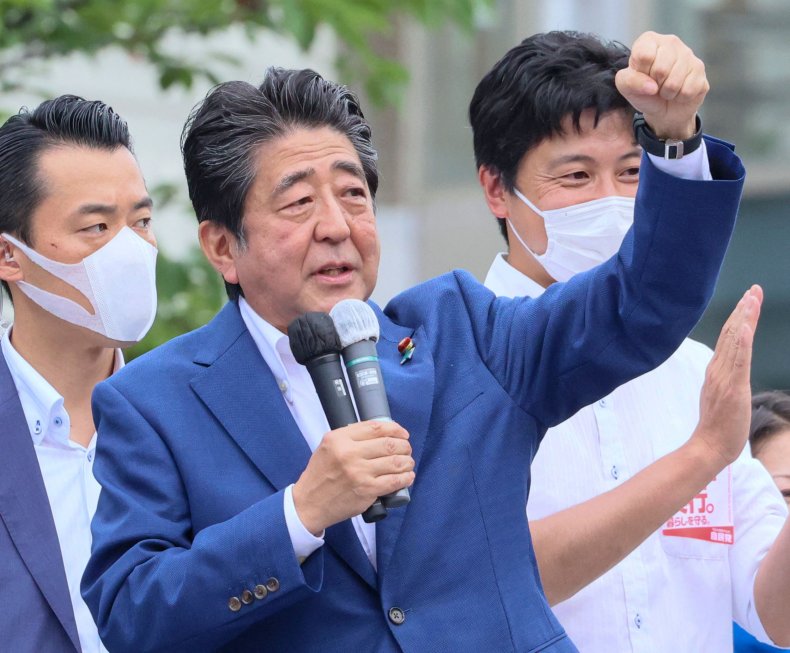 Shinzo Abe delivers a speech in Tokyo