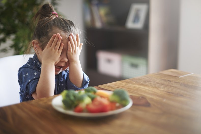 Child covering eyes over a food plate.