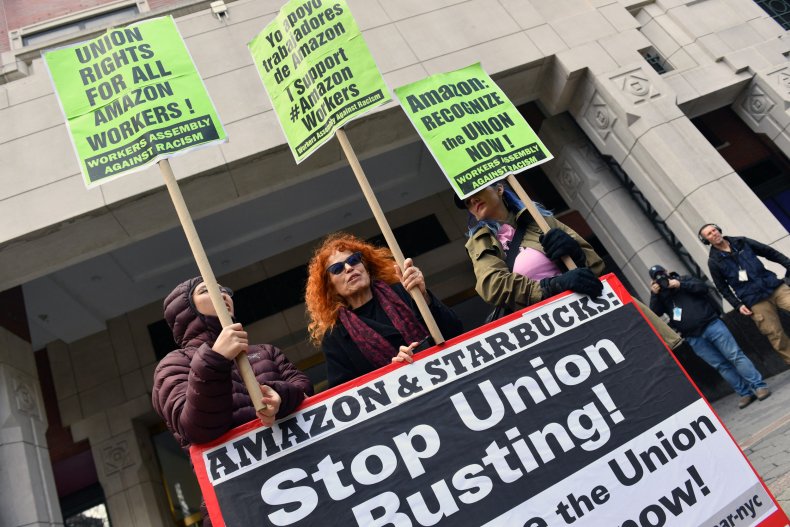 Amazon workers in New York, April 2022