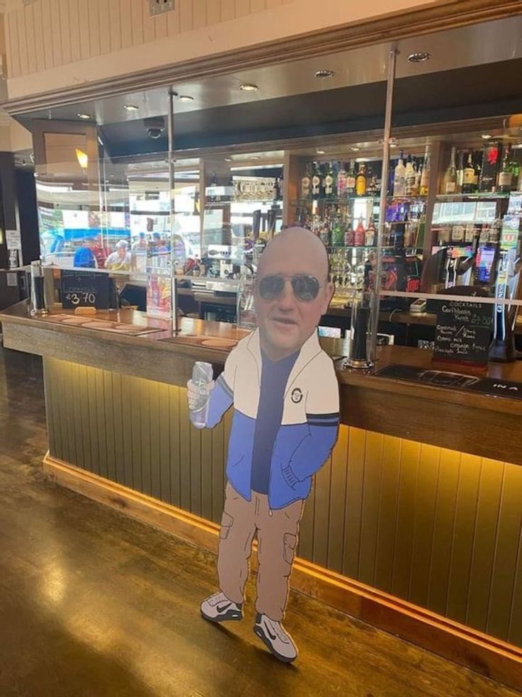 Lee Clarke cutout in English pub